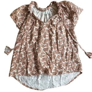 JOIE Floral Print Short Sleeve Top Cotton Blouse w/ Ruffle Neckline SZ SMALL EUC